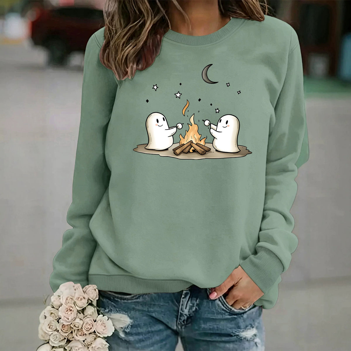 Printed round neck fleece hoodie