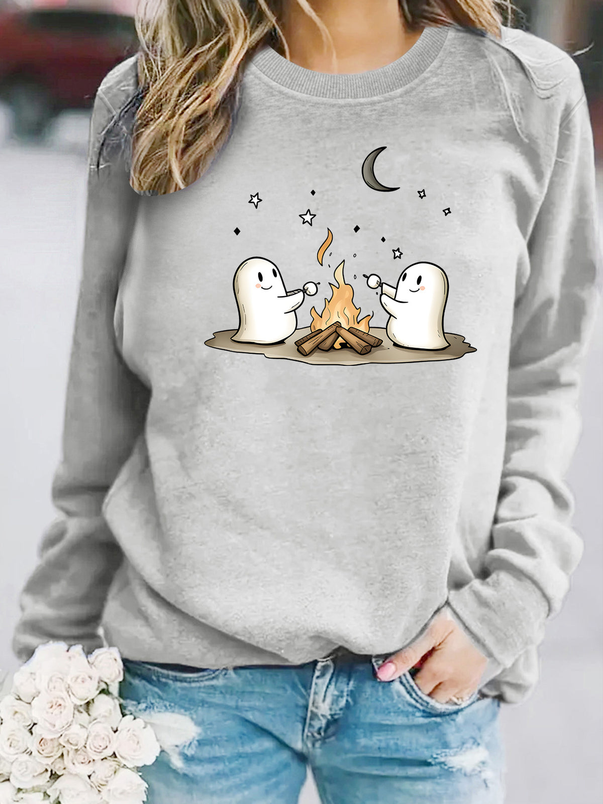 Printed round neck fleece hoodie