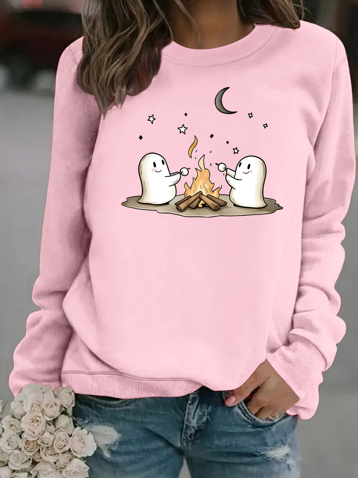 Printed round neck fleece hoodie