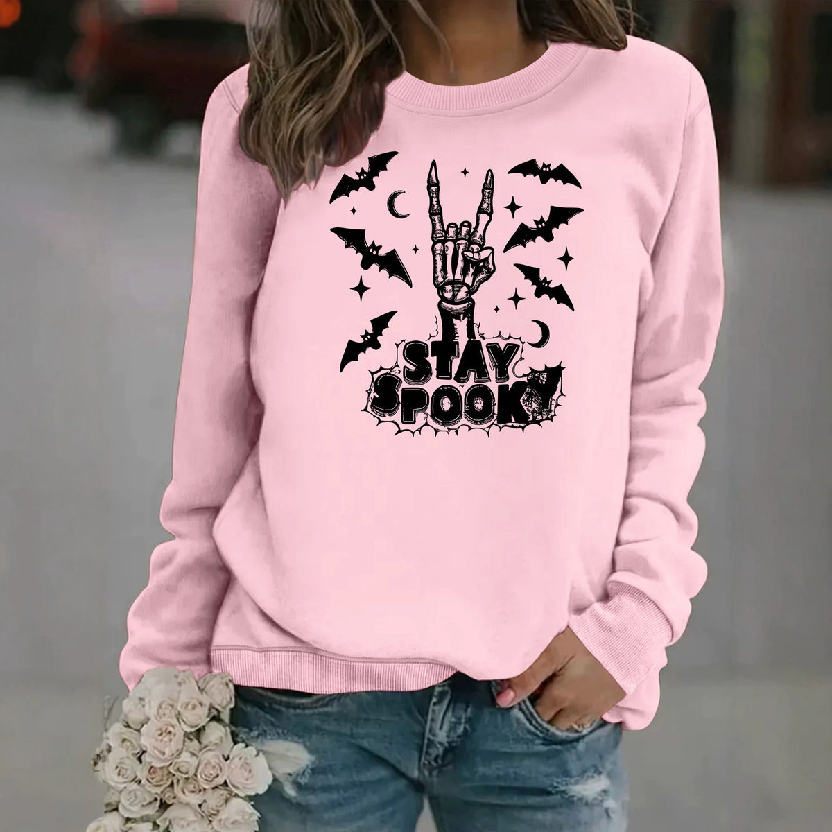 Bat print loose women's fleece hoodie