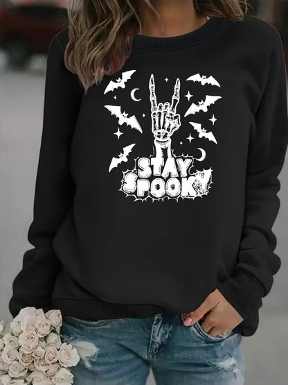 Bat print loose women's fleece hoodie